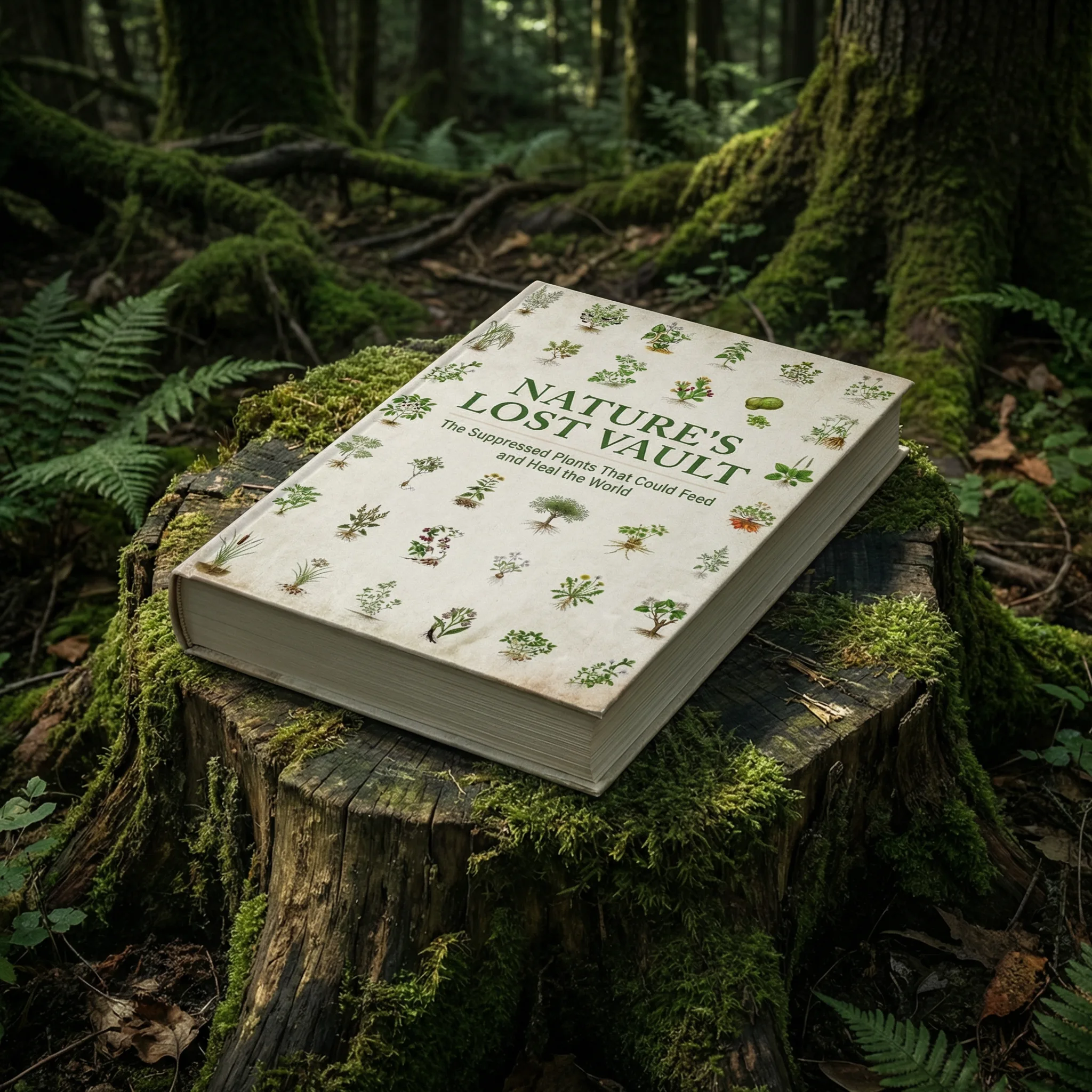 Nature's Lost Vault book resting on a mossy forest log