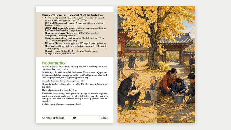 Volume II spread: ginkgo leaf extract compared with donepezil in clinical trials, facing the ginkgo then-and-now illustration