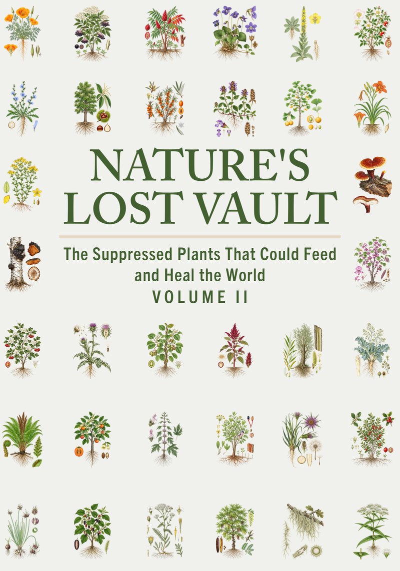Nature's Lost Vault Volume II ebook cover, a grid of botanical plates around the title The Suppressed Plants That Could Feed and Heal the World